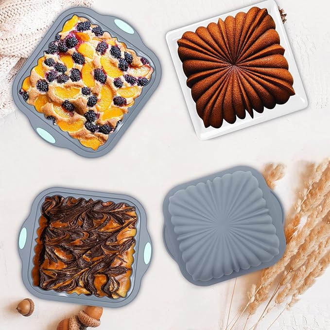 3-Piece Silicone Square Cake Pan Set, Metal-Frame Non-Stick Baking Trays, Jelly Molds, Non-Stick Grooved Cake Molds, Suitable for Breads, Meat Patties, Cakes, 5/7/9 Cups, Light Gray