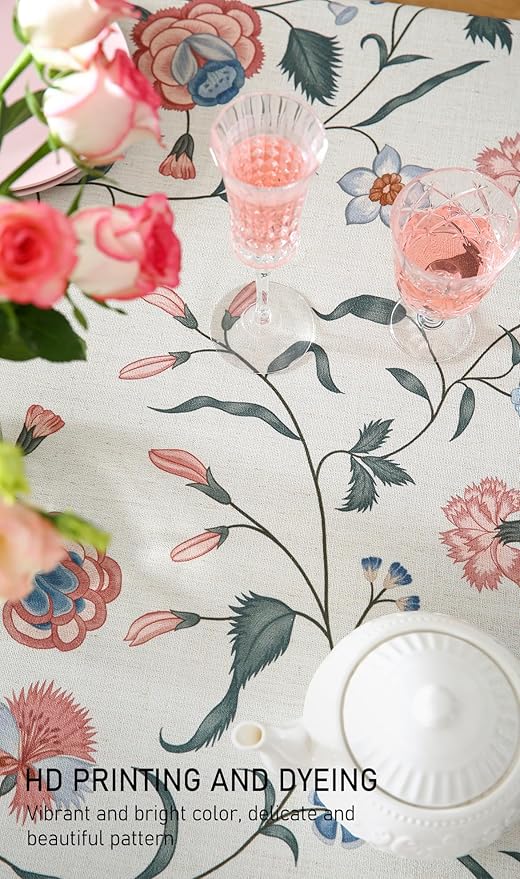 French Tablecloth for Round Tables,Linen Table Cloth with Pink Flowers and Leavs Pattern,Heavy Durable Table Cover for Dining Thanksgiving Kitchen Decor Party Christmas,Diameter 55"