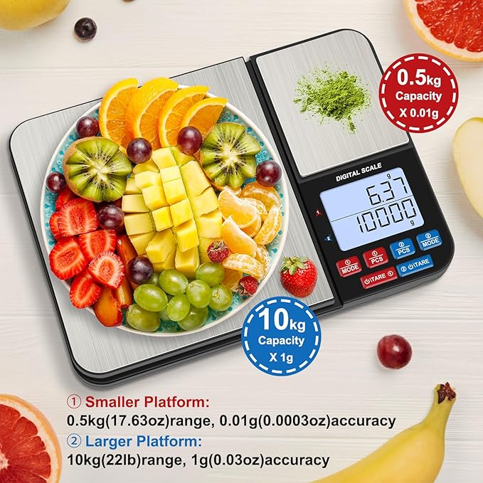 22lb Dual Platform Digital Kitchen Scale, Diyife® Stainless Steel Food Scale with 22lb and 17.6oz Precision Capacity (0.01oz/0.001oz), 7 Units, Tare, Multifunctional for Baking Cooking Food Weighing