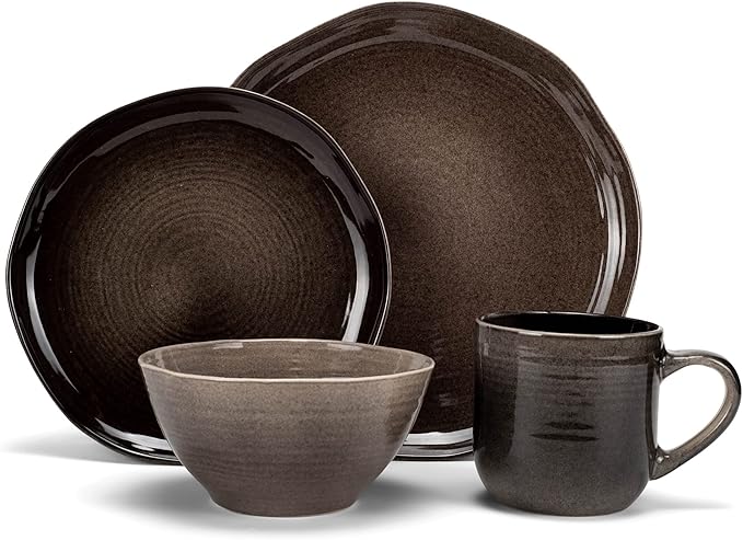 Elanze Designs Reactive Glaze Farmhouse Rustic Boho Ceramic Stoneware Dinnerware 16 Piece Plate Bowl Mug Dish Set - Service for 4, Mocha Grey Ombre