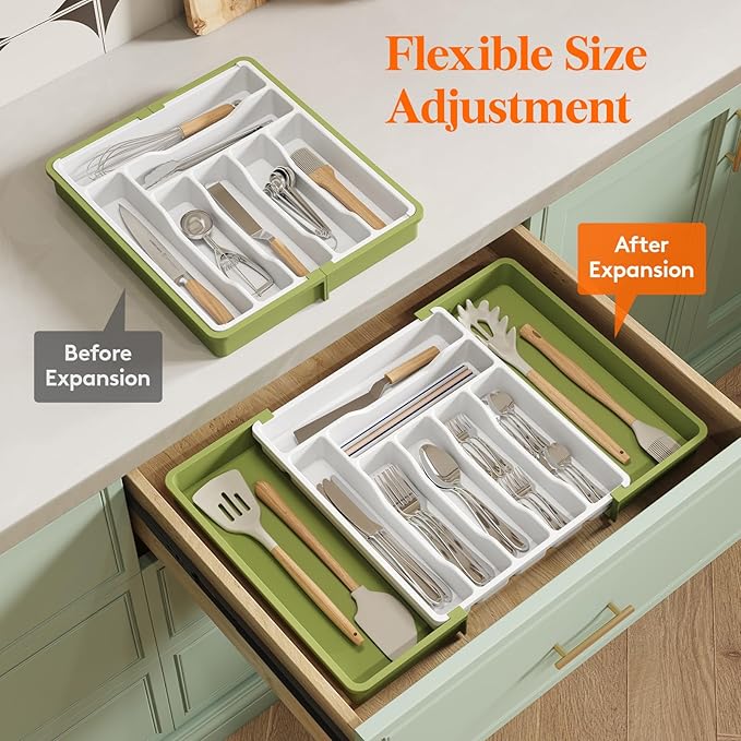 Lifewit Silverware Drawer Organizer, Expandable Utensil Organizer for Kitchen Drawers, Adjustable Cutlery and Flatware Tray, Plastic Spoons Forks Knives Holder Storage Dividers, Large, Green&White