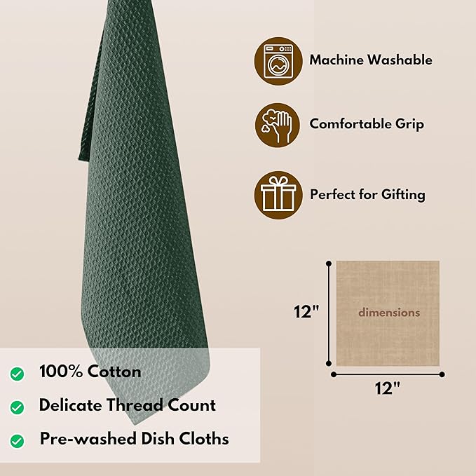 Native Fab 18 Pack Dish Cloths - Soft, Absorbent, Quick Drying, Washable Towels for All Cleaning, Cooking, Baking, 100% Cotton, Ideal for Home, Restaurants, Bars & Multi Purpose Use - Olive Green
