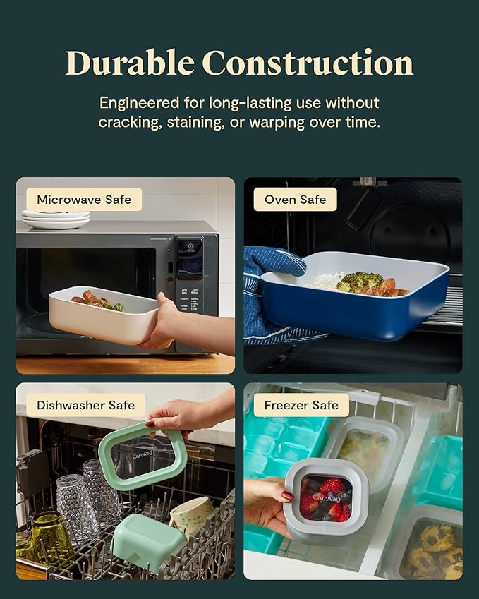 Caraway 6pc Glass Food Storage Set – 4.4 Cup Food Containers (6) - Ceramic Coated - Non Toxic, Non Stick with Lids - Microwave Safe - Cream