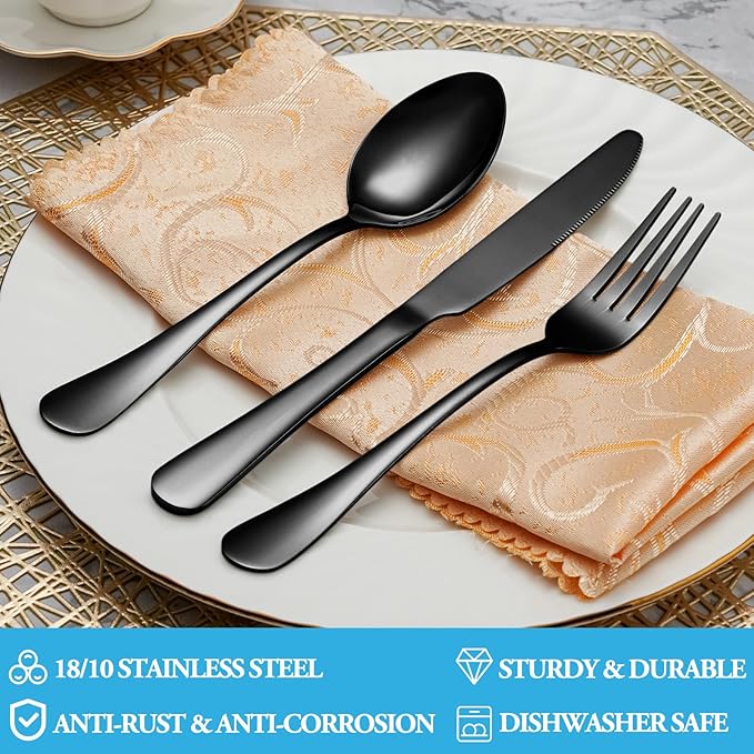 50 Pcs Black Silverware Set, Stainless Steel Flatware Set Service for 10, Mirror Polished Cutlery Utensil Sets, Durable Home Kitchen Eating Tableware Sets, Include Fork Knife Spoon, Dishwasher Safe