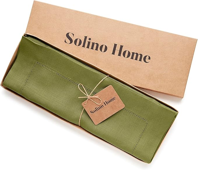 Solino Home Linen Placemats Set of 4 - Classic Hemstitch Avocado Green Placemats 14 x 19 Inch - 100% Pure Linen Table Mats for Fall, Autumn, Thanksgiving, Winter
