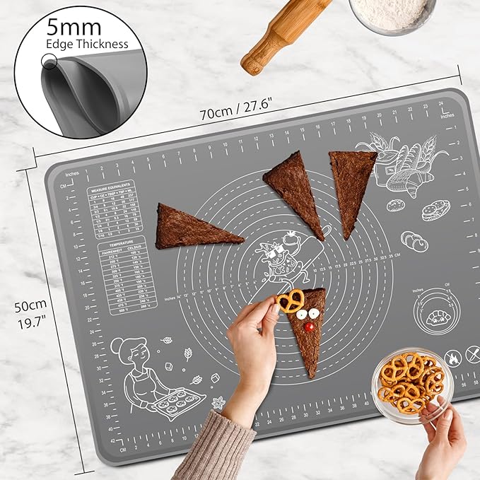 Silicone Pastry Mat 28" x 20" Extra Thick Non Stick Baking Mat with Measurements and Edge Heightening, Food Grade Silicone Rolling Mat for Pastry, Bread, Cookies, Pizza, Fondant, Pasta