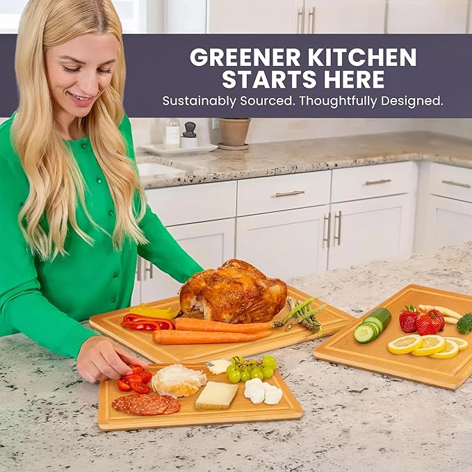 FSC® Certified Extra Large Bamboo Cutting Board Set of 3 – Featuring Glue-Free Surface™ Non Toxic Wood Cutting Boards for Safer Family Cooking and Lifetime Replacements - Rectangle