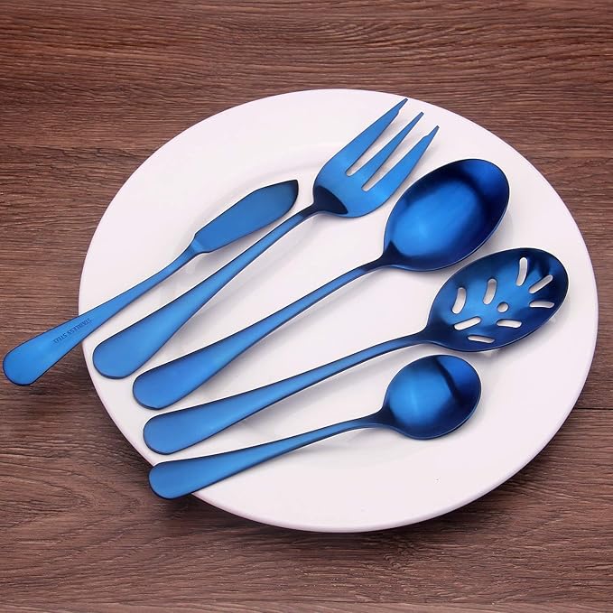 Matte Blue Serving Set, SHARECOOK 5-Piece 18/0 Stainless Steel Large Hostess Set with Round Edge, Satin Finished, Dishwasher Safe -Spoons, Forks,Butter Knife& Slotted Spoon