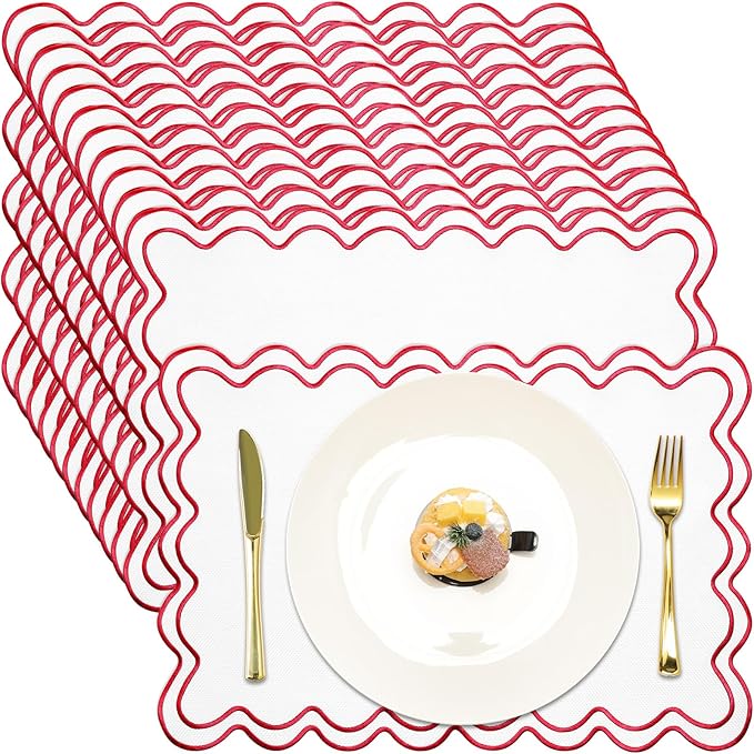 12 Set Linen Placemat 13x19 Wavy Embroidery Scalloped Placemat Double Layered Washable Farmhouse Dinner Table Mat Fabric Napkin for Christmas Hotel Restaurant Wedding Party(White&red)
