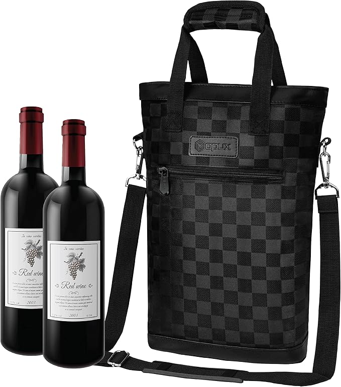 opux Two Bottle Wine Bag Carrier Tote, Insulated Leakproof 2 Bottle Wine Cooler Bag for Travel BYOB Picnic, Portable Wine Case, Gift for Men Women Wine Lover Birthday Party Christmas, Checker Black