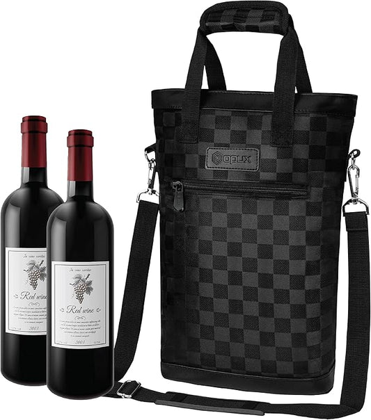 opux Two Bottle Wine Bag Carrier Tote, Insulated Leakproof 2 Bottle Wine Cooler Bag for Travel BYOB Picnic, Portable Wine Case, Gift for Men Women Wine Lover Birthday Party Christmas, Checker Black