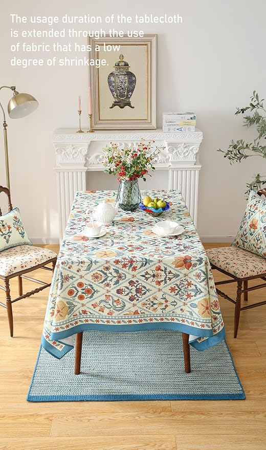 French Tablecloth for Rectangle Tables,Linen Table Cloth with Colorful Flowers and Leaves Pattern,Heavy Durable Soft Table Cover for Dining Kitchen Decor Party Christmas,67"*118"