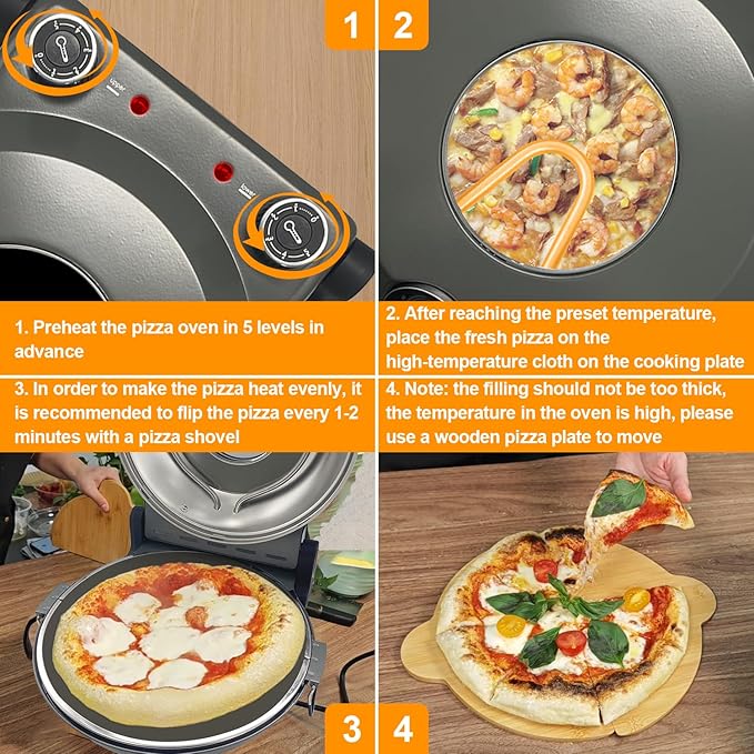 Pizza Oven Indoor, 12 Inch Retro Pizza Maker, Rapid Heating 800˚F, 1200W Glazed Ceramic Stone Electric Pizza Cooker, Two-button Precise Temperature Control, Viewing Window for Precise Cooking