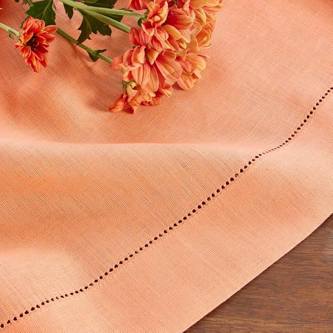 Solino Home Linen Cloth Placemats Set of 4-100% Pure Linen Hemstitch Coral Placemats 14 x 19 Inch - Classic Hemstitch Table Place Mats