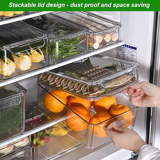 Taiuloo Set of 4 Fridge Organizer, Stackable Refrigerator Organizer Bins with Lids, Kitchen Pantry Cabinet Organization, BPA-Free Clear Food Storage Containers for Fruit, Vegetable, Cereal, Produce