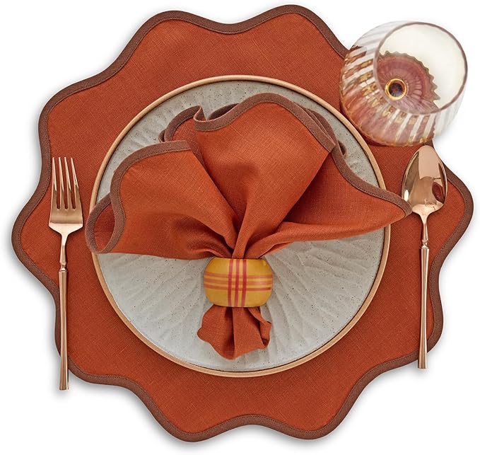 Solino Home Linen Scallop Cloth Napkins Set of 4-100% Pure Linen Brown and Cinnamon Dinner Napkins 20 Inch for Fall, Thanksgiving - Giselle Scallop Edge, Handcrafted and Machine Washable