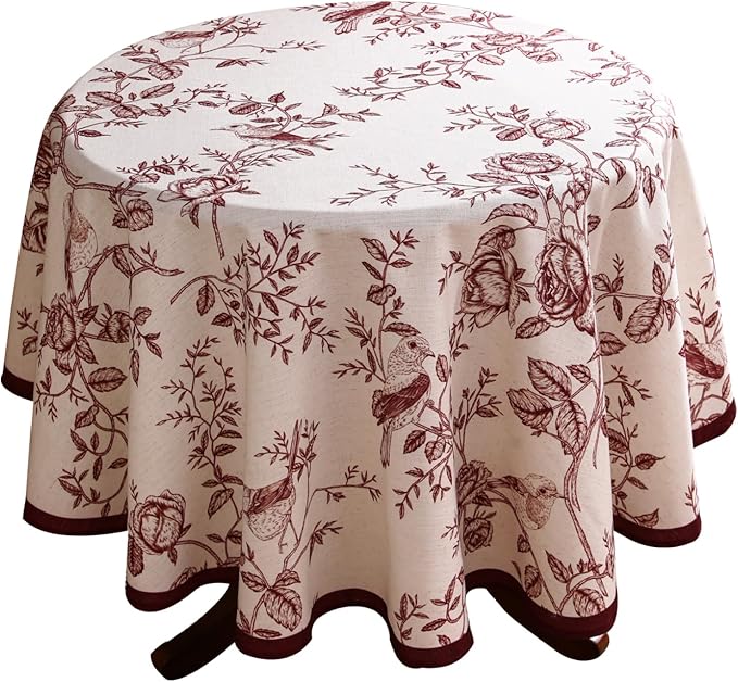French Round Tablecloth, Linen Table Cloth with Dark Red Floral Leaves and Birds Pattern, Heavy Durable Table Cover for Dining Thanksgiving Kitchen Decor Party Christmas,Diameter 67"