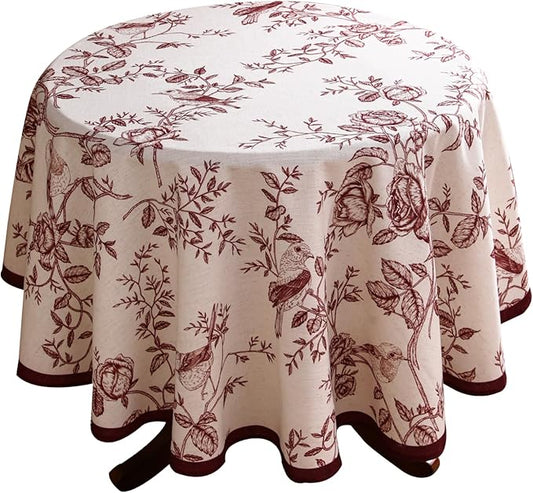 French Round Tablecloth, Linen Table Cloth with Dark Red Floral Leaves and Birds Pattern, Heavy Durable Table Cover for Dining Thanksgiving Kitchen Decor Party Christmas,Diameter 67"