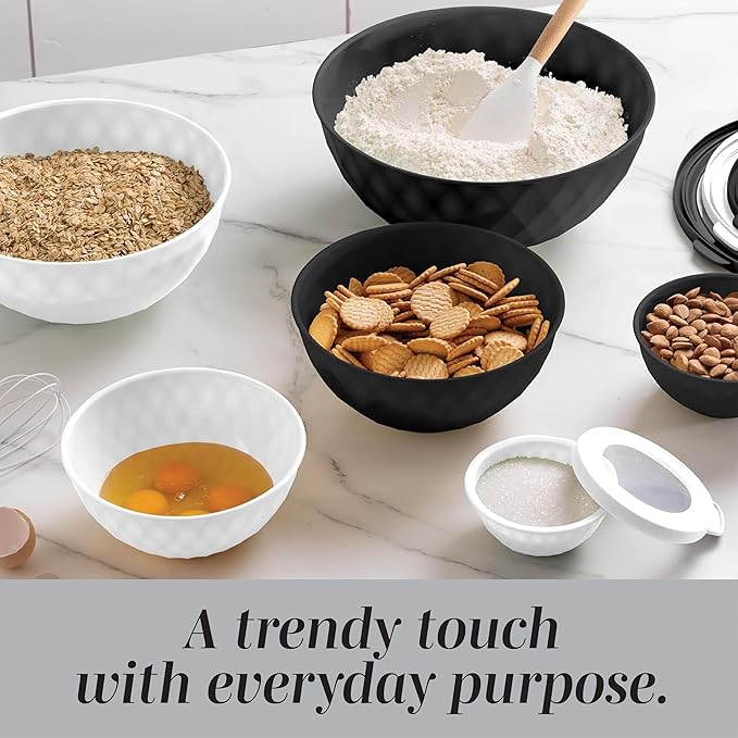 COOK WITH COLOR Mixing Bowls with Lids - 12 Piece Plastic Nesting Bowls Set includes 6 Prep Bowls and 6 Lids, Diamond Design - Microwave Safe, Black and White