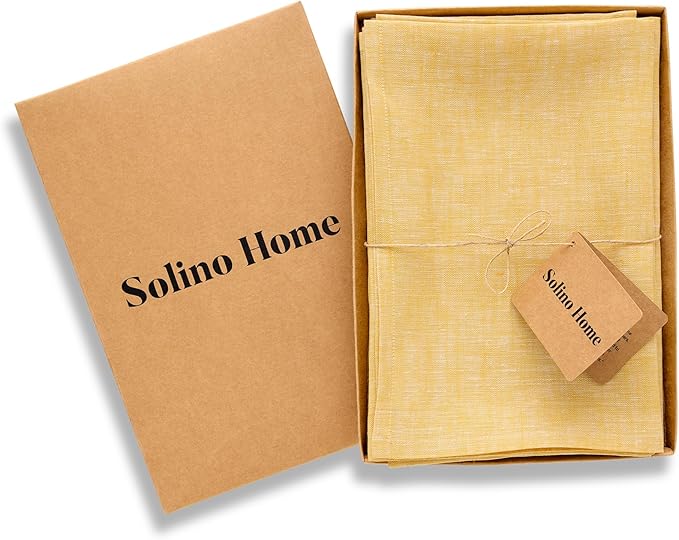 Solino Home Linen Cloth Napkins Set of 4-100% Pure Linen Chambray Mustard Yellow Dinner Napkins 20 x 20 Inch - Athena, Handcrafted and Machine Washable