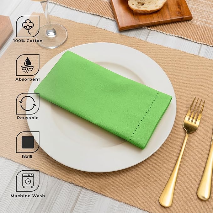Blue Needles Set of 12 Hemstitch Linen Napkins 100% Cotton Apple Green Cloth Dinner Napkins 18x18 inches, Soft, Reusable, Absorbent, Washable, Ideal for Fall Thanksgiving Events Parties & Everyday Use