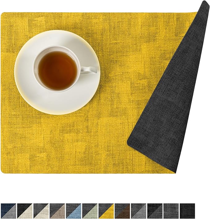 Romanstile Reversible Vinyl Placemats Set of 4, Faux Leather 100% Waterproof Oil-Proof Wipeable Place Mats, Heat Resistant Dual Sided Table Mats for Kitchen/Dining/Party (Grey Yellow, 12 x 17 Inch)