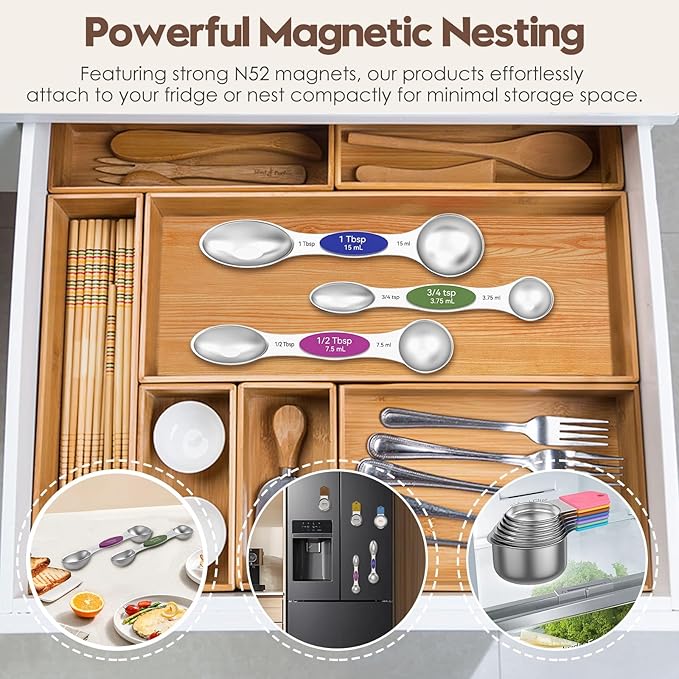 Magnetic Measuring Cups and Spoons Set - 304 Stainless Steel | Dual-sided Design | Set of 15 with Leveler | Strong N52 Magnetic Nesting Design | for Dry & Liquid Ingredients (Colorful)