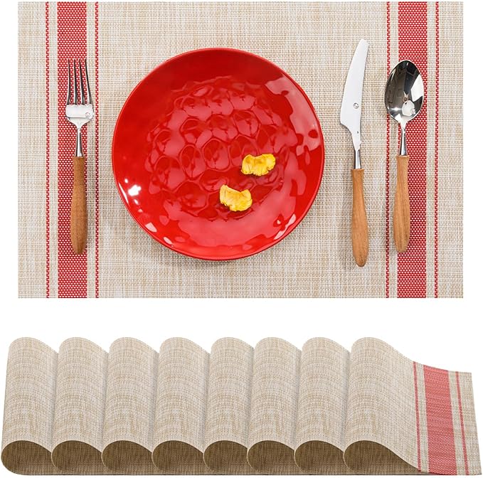 BACKTOEDEN Placemats Set of 8 Heat Resistant Washable Wipeable Placemat Woven Non-Slip Foldable Vinyl/Plastic Place Mats Indoor/Outdoor Mat Kitchen Dining Table Pad, Red Skyline