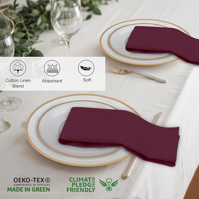 Ruvanti Linen Napkins Set of 12, 18x18 Cloth Napkins, Cotton Linen Blend Napkins Cloth Washable, Soft, Reusable Dinner Napkins for Wedding, Parties, Christmas, Thanksgiving, Everyday Use - Burgundy