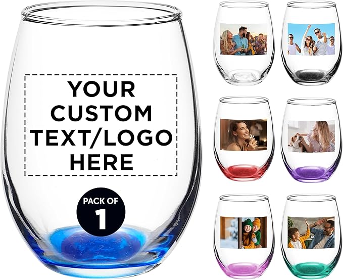 DISCOUNT PROMOS Custom Stemless Wine Glass 9 oz. Set of 1, Personalized text, logo and picture - Great for Wedding Favors, Bachelorette Party Decorations, Party Favors, Color Bottom - Blue