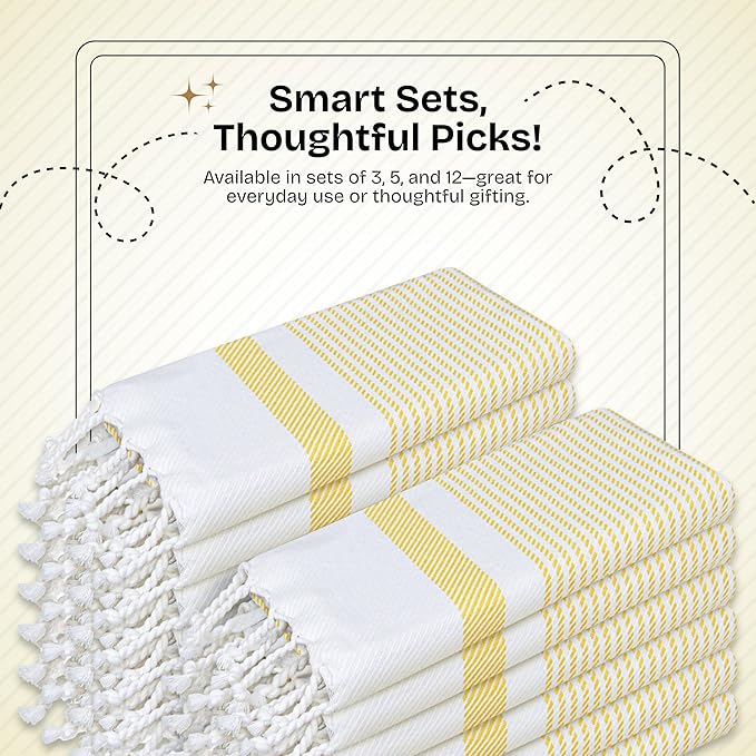 5 Pack Lemon Yellow Turkish Kitchen Towels 16"x26", 100% Cotton, Ultra Absorbent, Soft, Quick Dry, Washable, Dish Tea Towel with Tassels for Drying Dishes, Cleaning, Kitchen Use