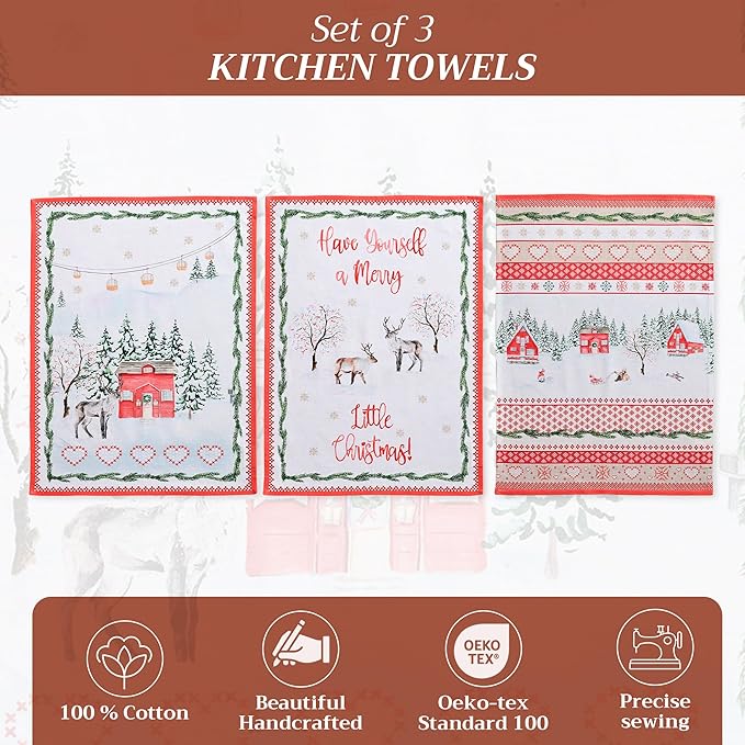 Maison d' Hermine Kitchen Towels Set of 3 100% Cotton 20" x 27.5" Reusable Cloth Tea Dish Towels Absorbent with Hanging Loop for Kitchen Dining Thanksgiving Christmas Decorations (Rural Christmas)