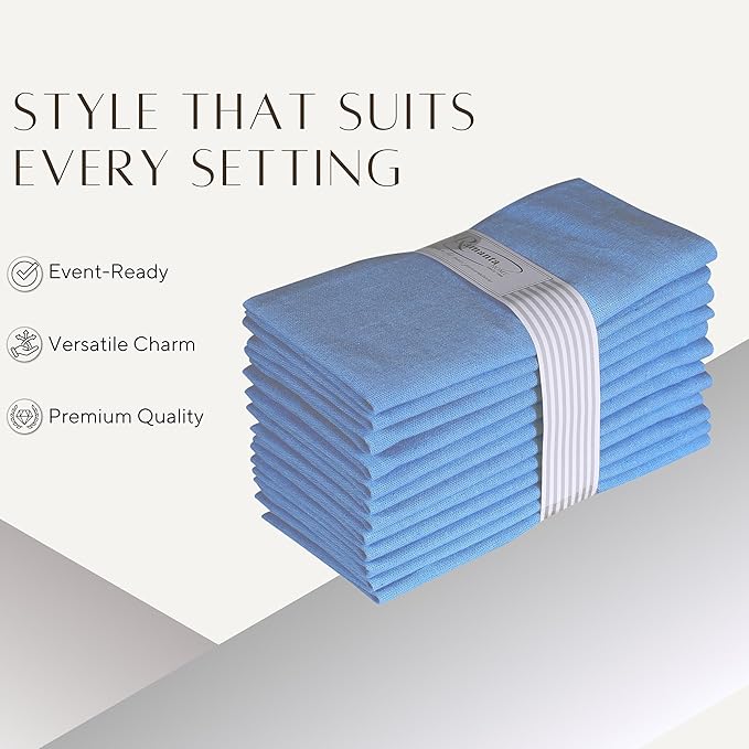 Ramanta Home Light Blue Cotton Dinner Napkins Set of 12 | 100% Cotton 18x18 Inch Cloth Napkins | Reusable Fabric Table Napkins for Everyday Use, Parties, Weddings, Thanksgiving, Christmas, Halloween