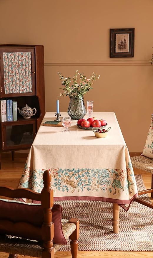 patdrea Designer Beige Tablecloth for Rectangle Tables,Vintage Elegant French Linen with Trees and Kids Pattern Table Cloth,Farmhouse Table Cover Cloth Decor for Kitchen Dining Christmas,55"*87"