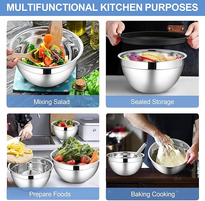 LIANYU 6 PCS Stainless Steel Mixing Bowls with Lids Set, Large Size 7, 3.5, 2.5, 2, 1.5, 1QT, Kitchen Nesting Metal Bowl Sets, Ideal for Baking Cooking Serving Food Storage, Dishwasher Safe, Black