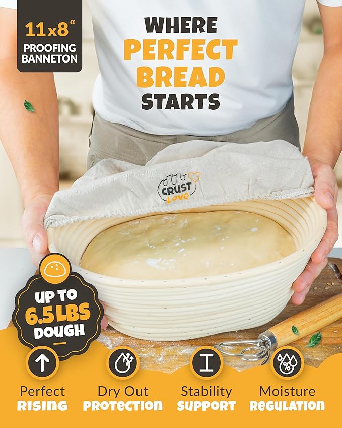 Dutch Oven for Bread Baking - incl. Sourdough Baking Supplies like Banneton Proofing Basket - 6.75QT Enameled Oval Cast Iron Bread Oven with Lid & Scoring Tool Lame