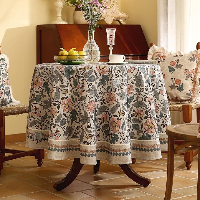 Floral Tablecloth for Round Tables,Linen Table Cloth with Gray-Green Tone and Silver Lotus Pattern,Heavy Durable Table Cover for Dining Kitchen Decor Party Christmas,Diameter 55"