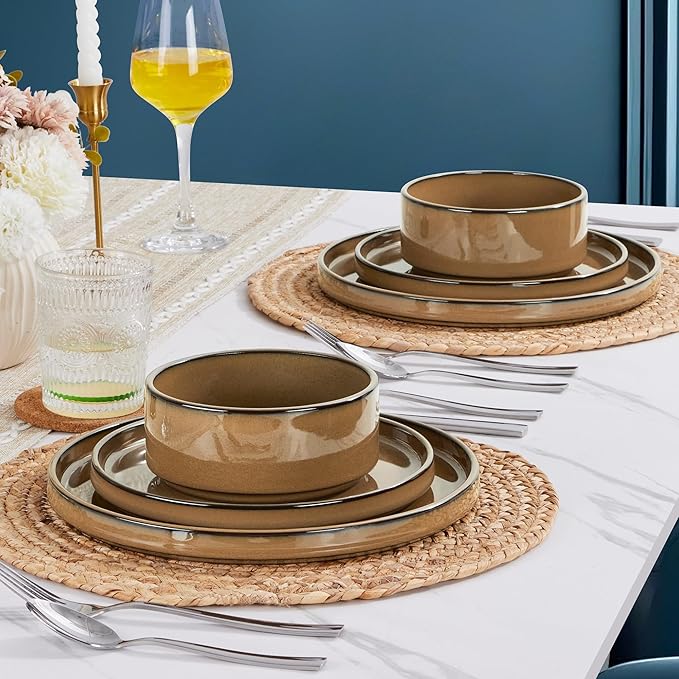 LIANYU 24 Piece Stoneware Dinnerware Sets, Modern Plates and Bowls Dishes Set for 8, Elegant Dinning Dishware for Dinner Salad Cereal, Dishwasher & Microwave Safe, Amber Gold
