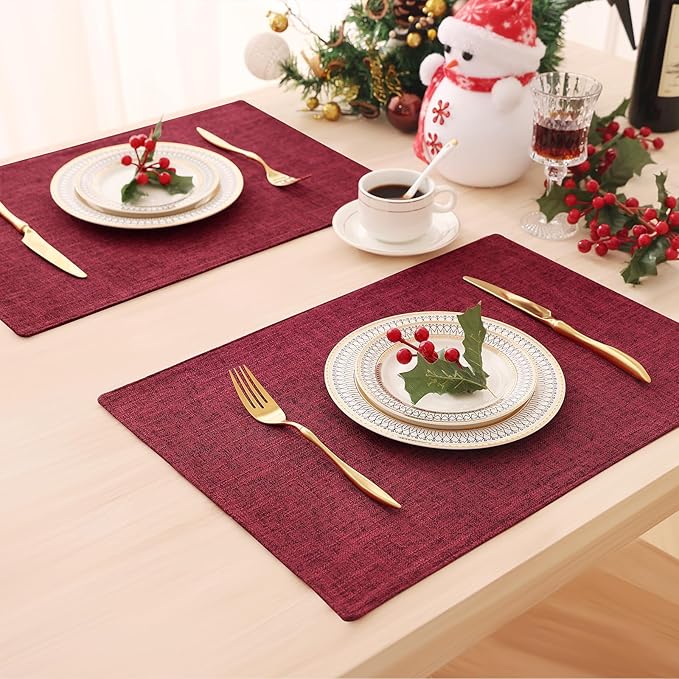 Homaxy Cloths Placemats for Dining Table Set of 4, Heat Resistant Washable Cotton Linen Blend Table Mats, Easy to Clean Place Mats for Indoor Outdoor Party Kitchen Decoration, 13" x 19", Red