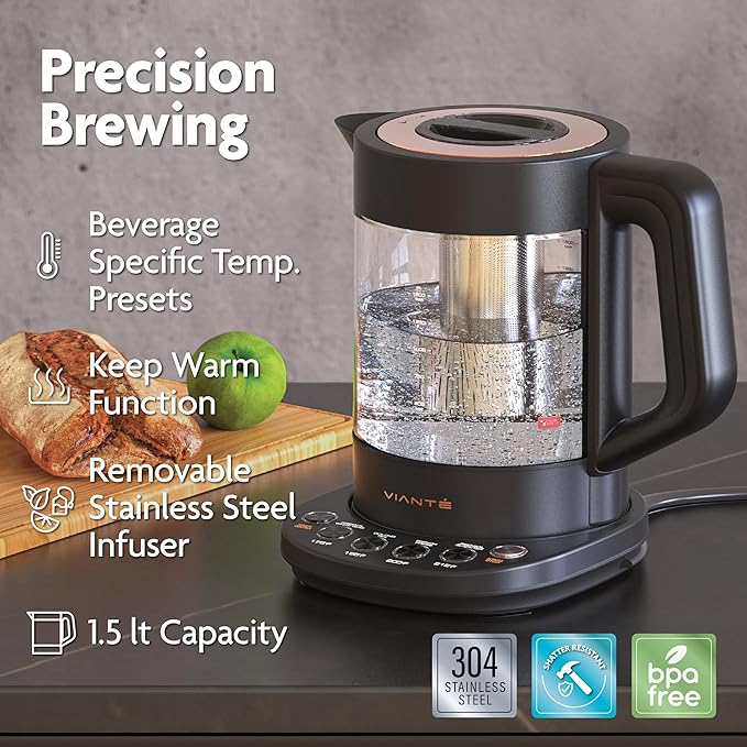 Vianté Luxury Tea Set. Electric Kettle with Infuser for Loose Leaf And Ceramic Serving Set. Teapot and Cup Set with Wooden Tray. Excellent Gift Idea For Tea Lovers.