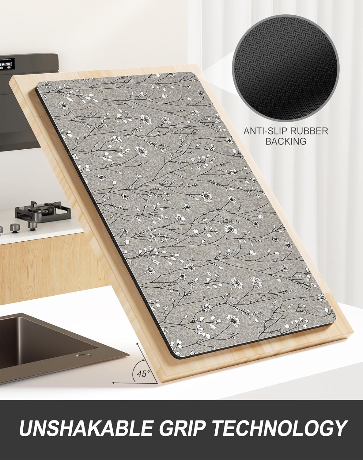 Rnivvi Dish Drying Mat for Kitchen Counter, XL 15 x 24" Cute Flower Theme Absorbent Draining Pad, Non-Slip Heat Resistant Coffee Bar Mats for Coffee Machine Station Accessories, Grey Dish Rack Pad