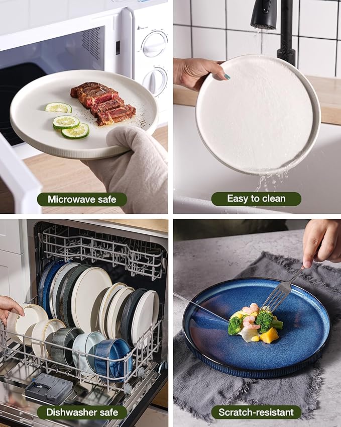 Famiware Star Dinnerware Set, Plates and Bowls Sets for 8 (24pcs), Ribbed Stoneware Dishes - Chip & Scratch Resistant, Microwave & Dishwasher Safe, Multicolor - Matte White & Matte Dark Charcoal