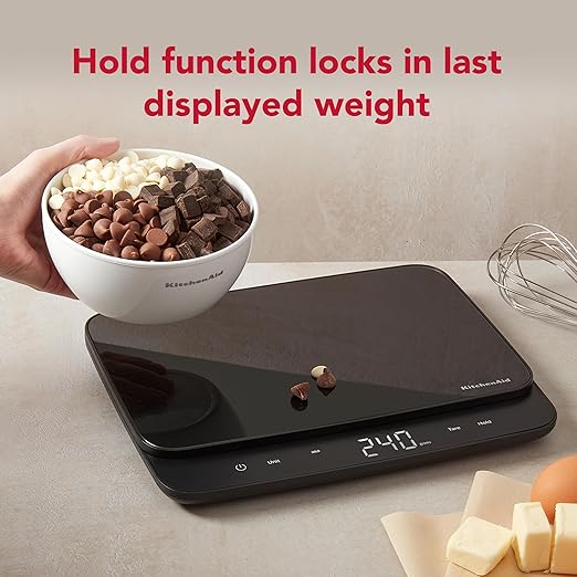 KitchenAid KQ917 High Capacity Glass Surface Digital Kitchen and Food Scale, 30 Pound Capacity and Precision, Grams, Ounces, Pounds, Fluid Ounces & Milliliters, LED, Tare Function, Black