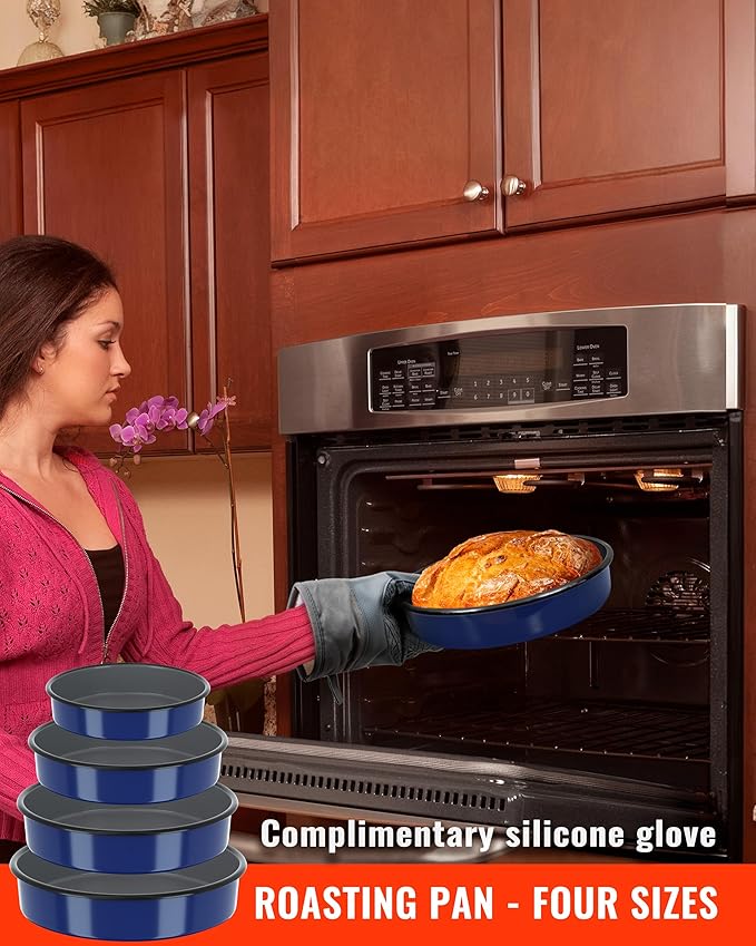 Enamel Baking Pans Set Round Roasting Dish 4-Pack 9/10/12/14 Inch Non Stick Large Bakeware for Cake Bread Pie Pizza Turkey Steak, Non-Toxic Carbon Steel Oven Dishwasher Safe Thanksgiving Cookware