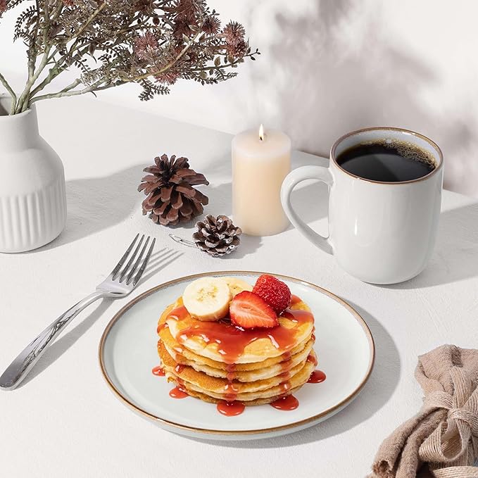 Herogo 6 Pieces Stoneware Dinnerware Dishes Set for 2, Kitchen Handmade Dining Plates and Bowls Sets, Double Reactive Glaze, Microwave & Dishwasher Safe, Scratch Resistant, Ivory White