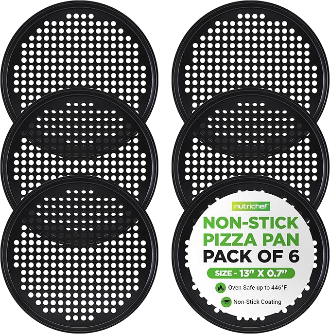 NutriChef 6-Pack13’’ Non-Stick Pizza Pans, Round Pizza Pans for Oven, Commercial-Grade Carbon Steel, Non-Stick Gray Coating, Ideal for Baking Pizza, Cookies and More, Dishwasher Safe