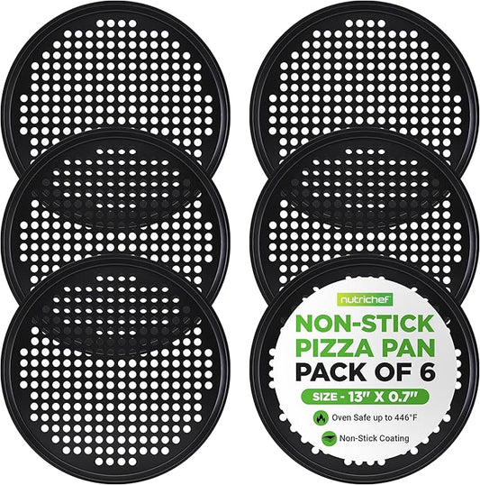 NutriChef 6-Pack13’’ Non-Stick Pizza Pans, Round Pizza Pans for Oven, Commercial-Grade Carbon Steel, Non-Stick Gray Coating, Ideal for Baking Pizza, Cookies and More, Dishwasher Safe