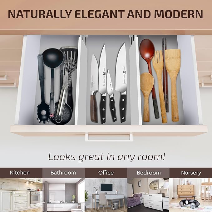 6 Pack Drawer Dividers 4 Inch High, 11”-17" Adjustable Bamboo Organizers Large Expandable Drawer Separators for Cloths, Dresser, Bedroom, Bathroom, Baby Drawer, Office & Kitchen Utensils (White)