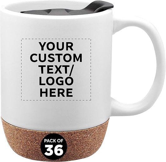 Custom Barista Ceramic Mugs with Cork Bottom 13 oz. Set of 36, Personalized Bulk Pack - Perfect for Coffee, Tea, Espresso, Hot Cocoa, Other Beverages - White