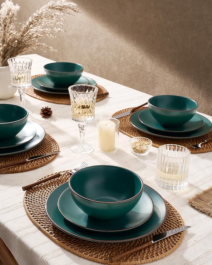 Famiware Venus Ceramic Plates and Bowls Sets, Speckled Dinnerware Dish Sets for 8 (24 Pieces) - Microwave and Dishwasher Safe, Matte Dark Green